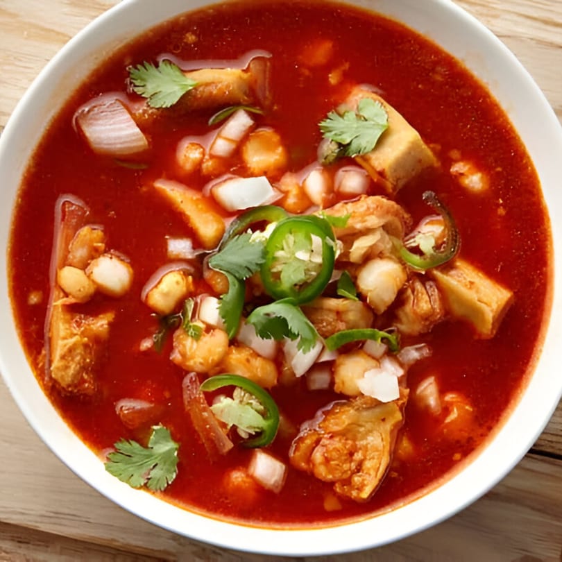 Hearty red pozole soup with hominy, pork, onions, cilantro, and jalapeños in a white bowl.